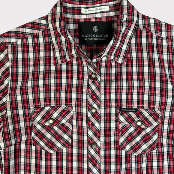 Maison Scotch (Sz 2) Plaid Snap Button Leather Elbow Patch Shirt - Picture 2 of 13
